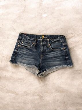⚡️7•For•All•Mankind Dark Blue Frayed Hem Denim Shorts